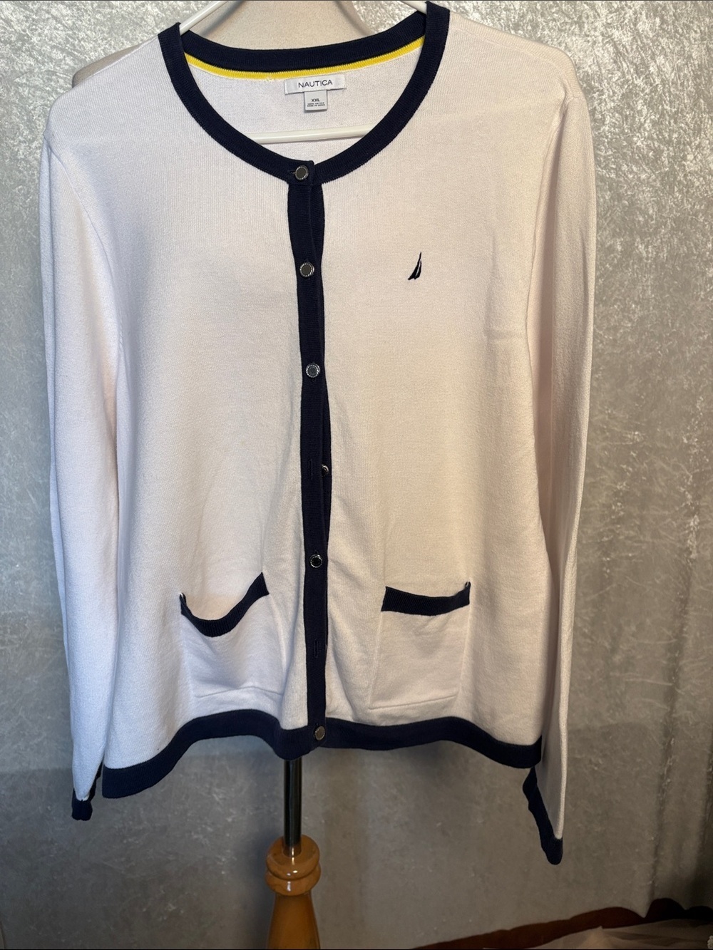Nautica Women's White Cotton Cardigan with Navy Trim and Silver Buttons Size XXL